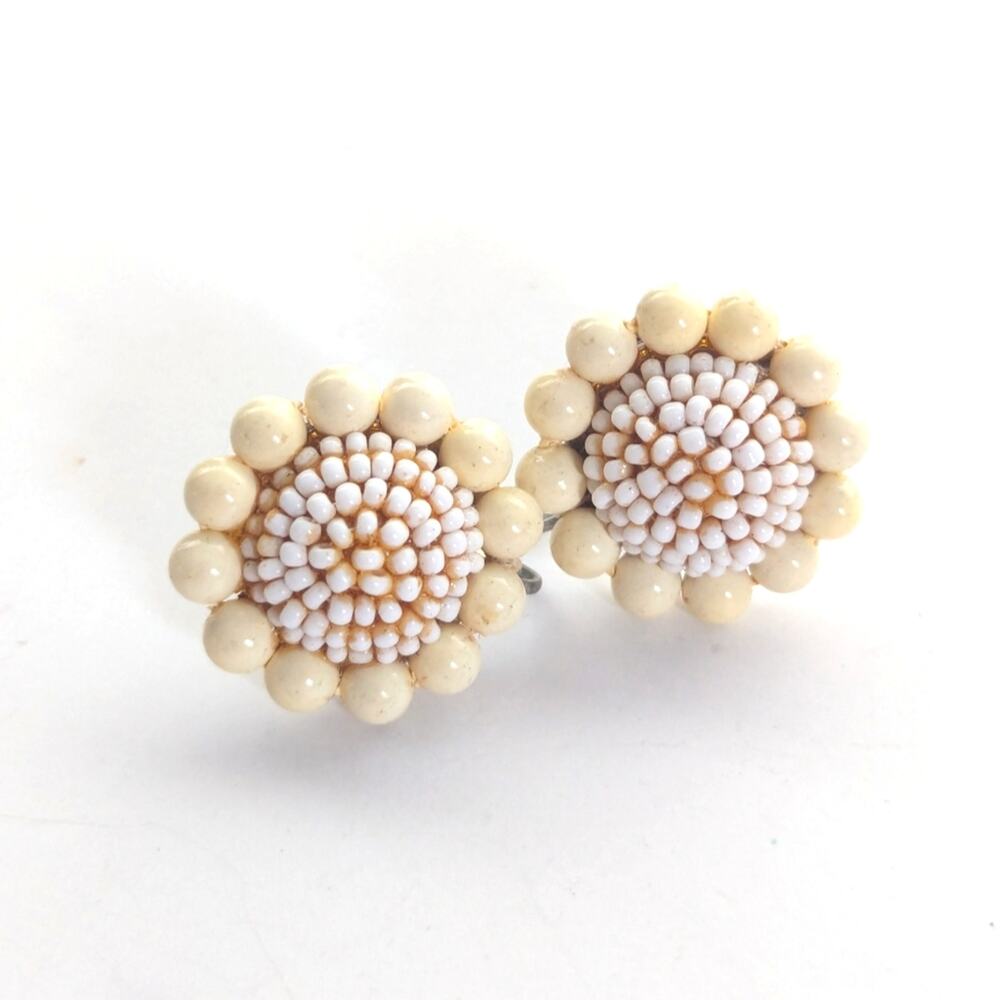 Vintage Estate Beaded Floral Cluster Screwback Clip Earrings
